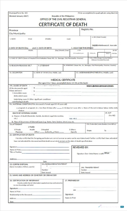 Download Philippines office of the Civil Registrar general death certificate Photoshop template